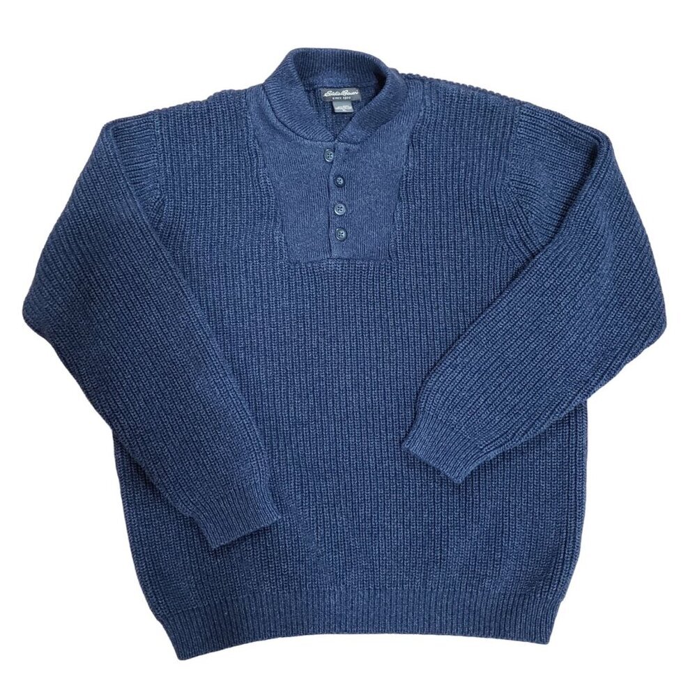 VTG Eddie Bauer Ribbed Knit Henley Sweater Blue Preppy Academia Outdoor Mens XL